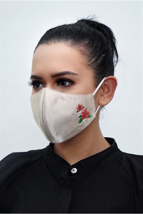 Ear Loop - Hibiscus Embroidered Mask (Dark Gold)