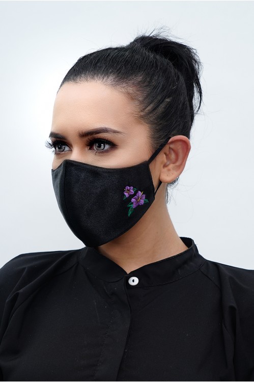 Ear Loop - Hibiscus Embroidered Mask (Black)