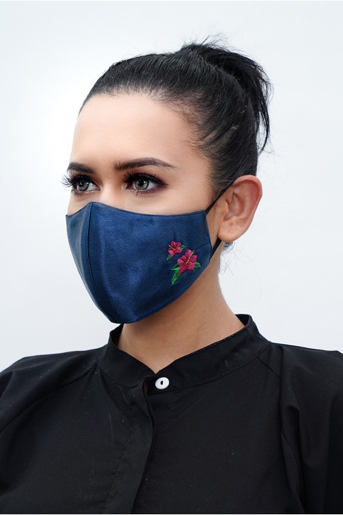 Ear Loop - Hibiscus Embroidered Mask (Navy)